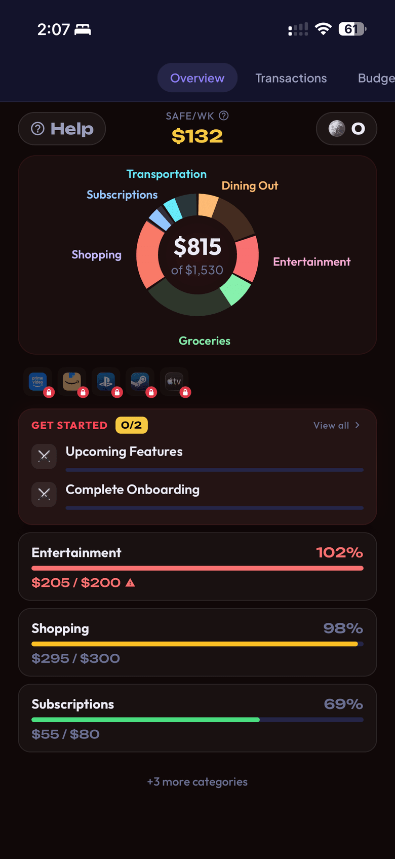 Enkra iPhone app — overview dashboard with spending categories and safe-to-spend