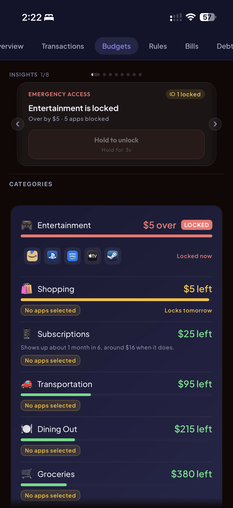 Enkra App Locks screen — Blow a category and the apps bound to it lock — until the period resets.